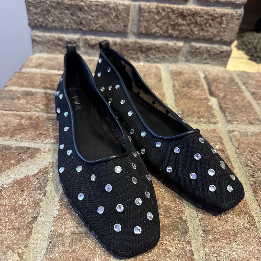 Open Edit Shoes Womens Size 8.5M Mesh Ballet Flats Rhinestone Studded Bow Dressy
